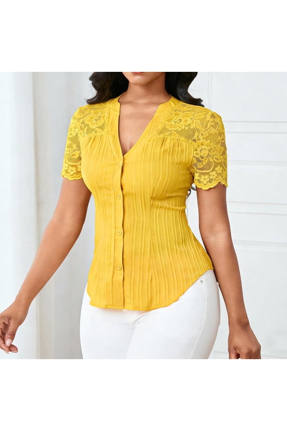 Womens Short Sleeve Shirts Women's Dressy Floral Lace Patchwork Button Down Shirts V Neck Casual Blouses Tunic Tops