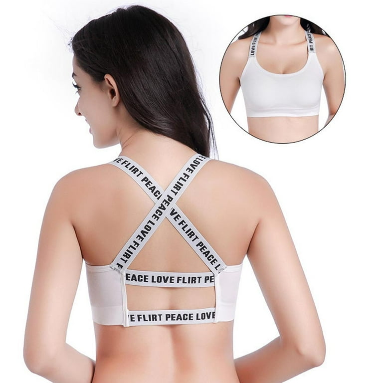 Puntoco Womens Sports Bra T-Shirt Bra Wirefree Bra Letter Printed Push Up  Padded Yoga Sports Bra Tank Tops White One Size 