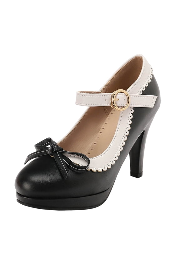 Womens Strappy High Heels Bow Heels Mary Janes Shoes Women Dress Platform Strappy High Heels Shoes Black 6(37)
