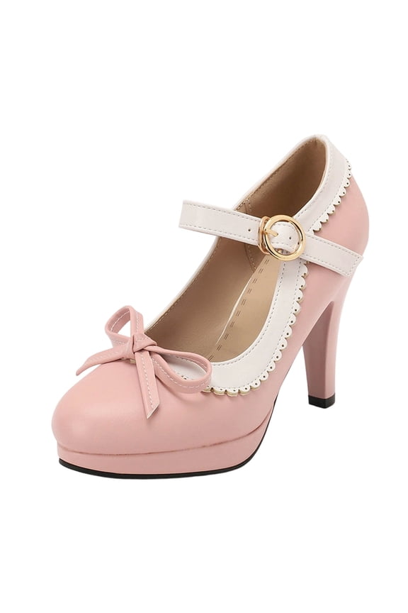 Womens Strappy High Heels Bow Heels Mary Janes Shoes Women Dress Platform Strappy High Heels Shoes Pink 6(37)