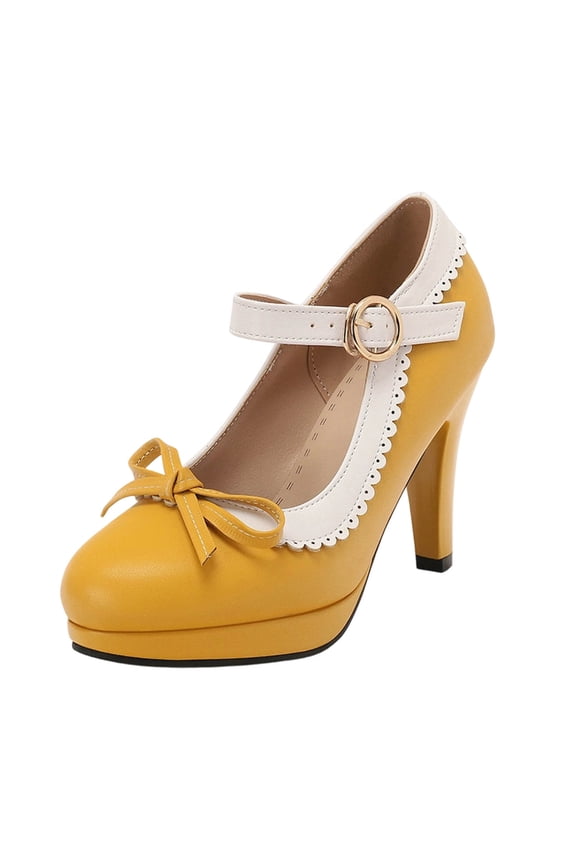 Womens Strappy High Heels Bow Heels Mary Janes Shoes Women Dress Platform Strappy High Heels Shoes Yellow 9(42)