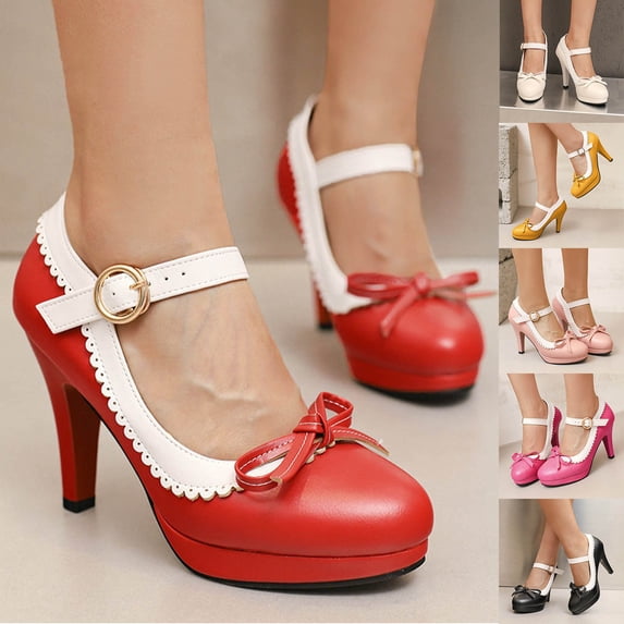 Puntoco Womens Strappy High Heels Bow Heels Mary Janes Shoes Women Dress Platform Strappy High Heels Shoes Yellow 9.5(43)