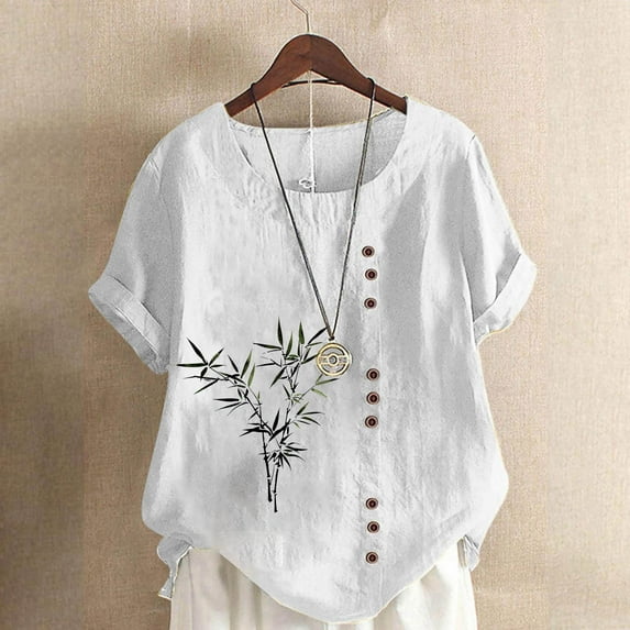 Puntoco Womens Summer Short Sleeves Tops Casual Cotton Linen Crew Neck Blouses Solid Color Tshirt Top