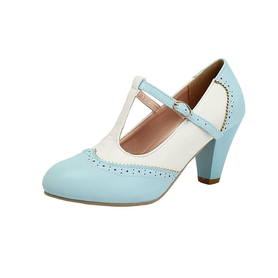 Puntoco Womens T Strap Buckle Round Toe Dating Matte Chunky Low Heel Pumps Shoes British Style Casual High Heels Blue 7(39)