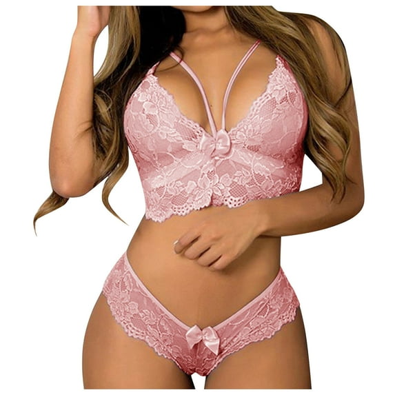 Puntoco Womens Underwear Clearance,Women Plus Size Lingerie Corset Lace Floral Bralette Bra Two Piece Underwear Pink L(L)