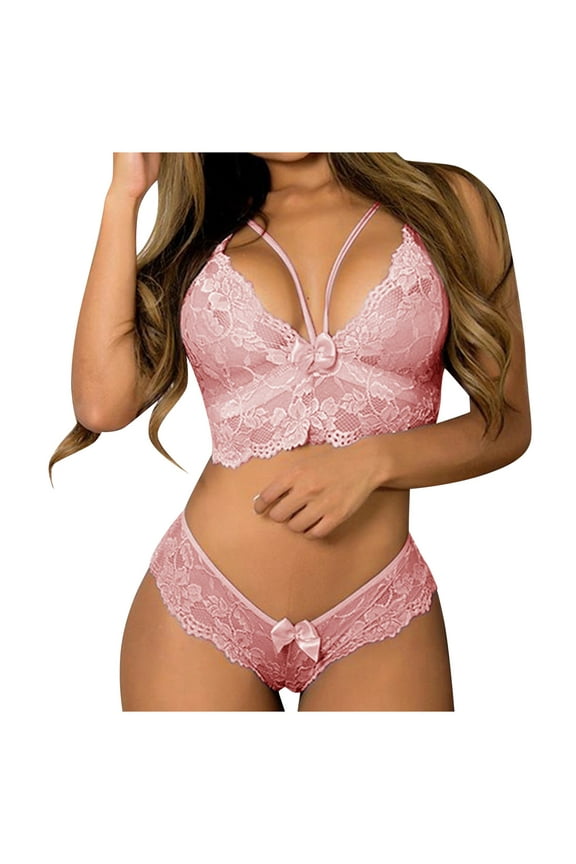 Womens Underwear Clearance,Women Plus Size Lingerie Corset Lace Floral Bralette Bra Two Piece Underwear Pink XL(XL)