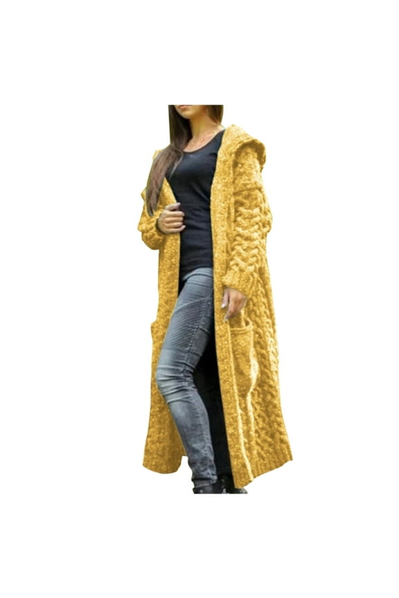 Womens Winter Coats Clearance,Women Winter Solid Solid Knitted Loose Hooded Long Cardigan Sweater Pocket Coat Yellow M(M)