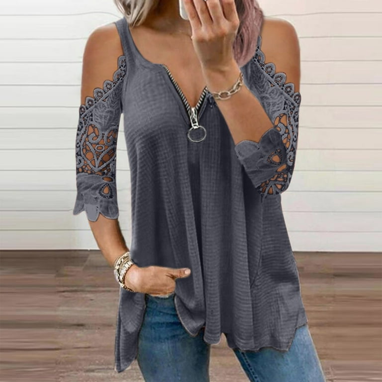Puntoco Womens clothes clearance,Women Casual Lace Half Sleeveｖ-Neck Zipper  Hollow Out T-Shirt Blouse Tops Gray 