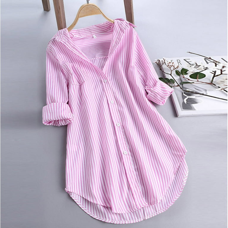Puntoco Womens clothes clearance,Women Chic Stripe Long Sleeve Turn-Down  Collar Button Loose Top Shirts Blouse Pink 