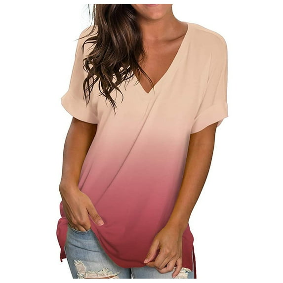 Puntoco Womens clothes clearance,summer shirts,Women'S Fashion Casual Gradient V-Neck Short Sleeve Loose T-Shirt Tops Pink 6(M)