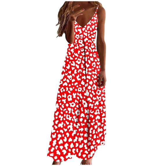 Puntoco Womens polka dot Strappy V Neck Sleeveless Flowy Pockets Loose Long Maxi Beach Dress Sundress Multicolor-P XL(XL)