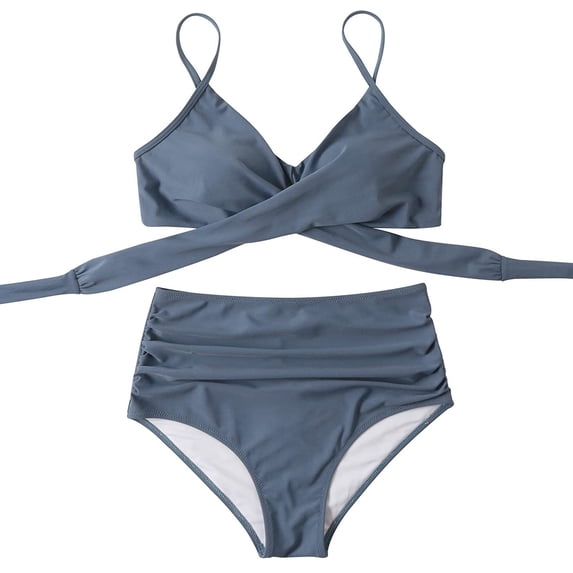Puntoco Womens swimsuits clearance,Women Solid Printed Bikini Push-Up Pad Swimwear Set Swimsuit Beachwear Blue