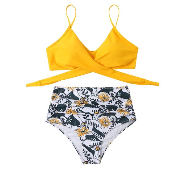 Puntoco Womens swimsuits clearance,Women Solid Printed Bikini Push-Up Pad Swimwear Set Swimsuit Beachwear Yellow