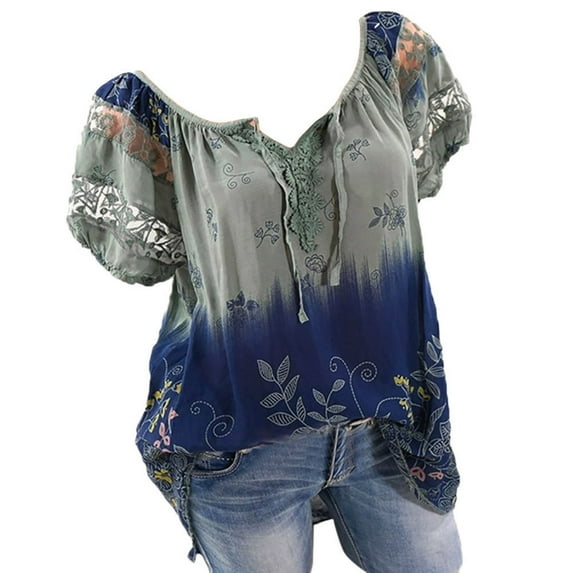 Puntoco summer tops with short sleeves Women Short Sleeve V-Neck Lace Printed Lace Tops Loose T-Shirt Blouse Tops Army Green 12(XXL)
