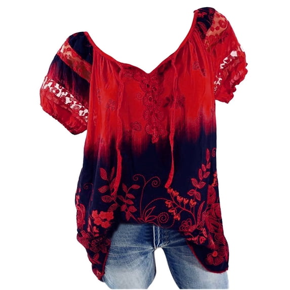 Puntoco summer tops with short sleeves Women Short Sleeve V-Neck Lace Printed Lace Tops Loose T-Shirt Blouse Tops Red 8(L)