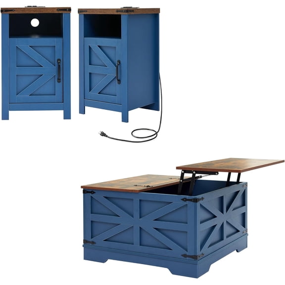 Puntogen Farmhouse Living Room Table Set of 3, 2 Rustic End Table with Charging Station and 1 Coffee Table with Large Hidden Storage, Farmhouse Coffee Table Set for Living Room, Office, Blue