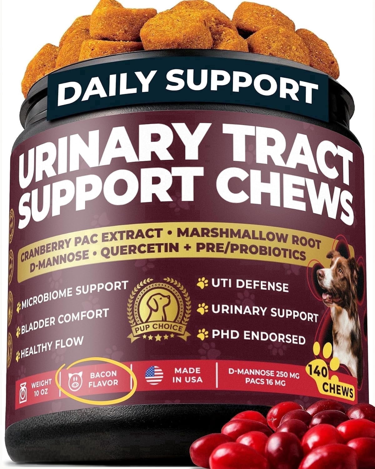 Pup Choice Dog UTI Chews, Cranberry Supplement for Dogs, Urinary Tract Support with D-Mannose & Probiotics, 140 Chews