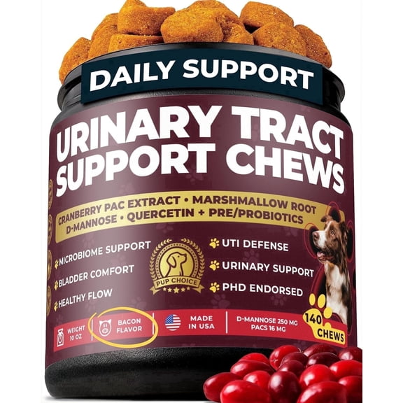Pup Choice Dog UTI Chews Cranberry Supplement for Dogs Urinary Tract Support & Bladder Control Cranberry PAC + D-Mannose, Marshmallow Root, Quercetin + Probiotics 140 Chews - Made in USA