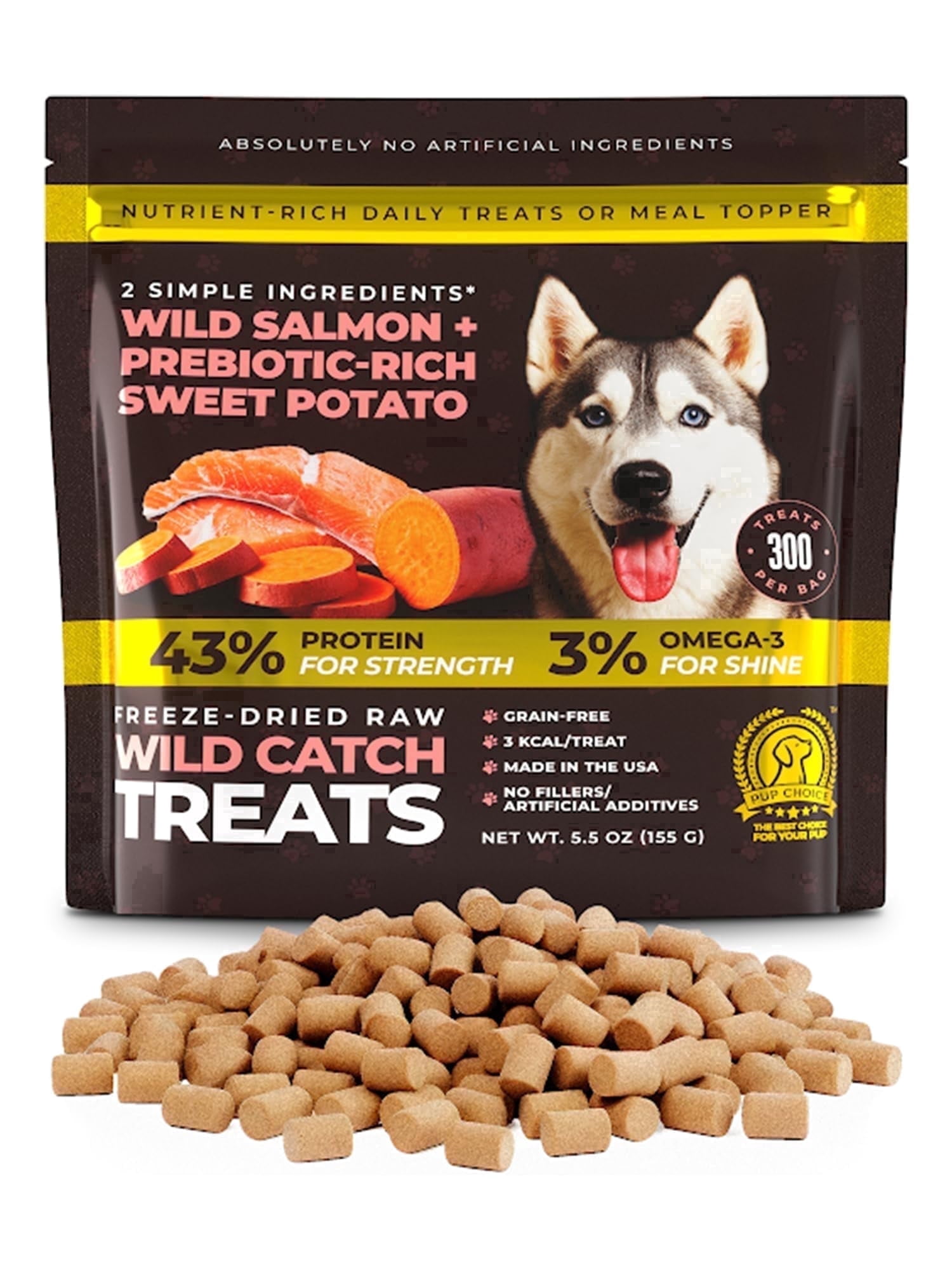 Pup Choice Freeze-Dried Salmon Dog Treats – Single Protein, Grain-Free Training Treats with Sweet Potato, High-Protein Meal Topper, Natural Salmon, 5.5 oz (300 Count)