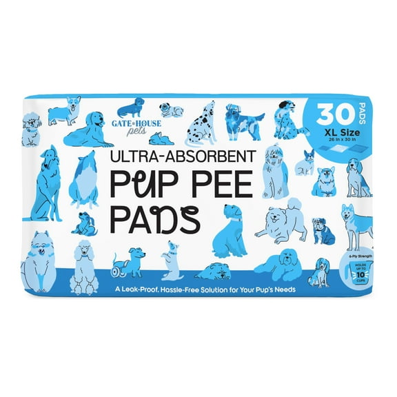 Gatehouse XL Ultra Absorbent Pup Pee Pads, Dog and Puppy Training Pads with Adhesive Corners, 26"x 30",  30 Count