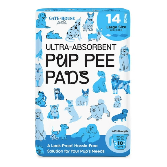 Pup Pee Pads, Ultra Absorbent Dog and Puppy Training Pads, Leak Proof, Adhesive Corners, Size Large, 22 in x 22 in, 14 Count