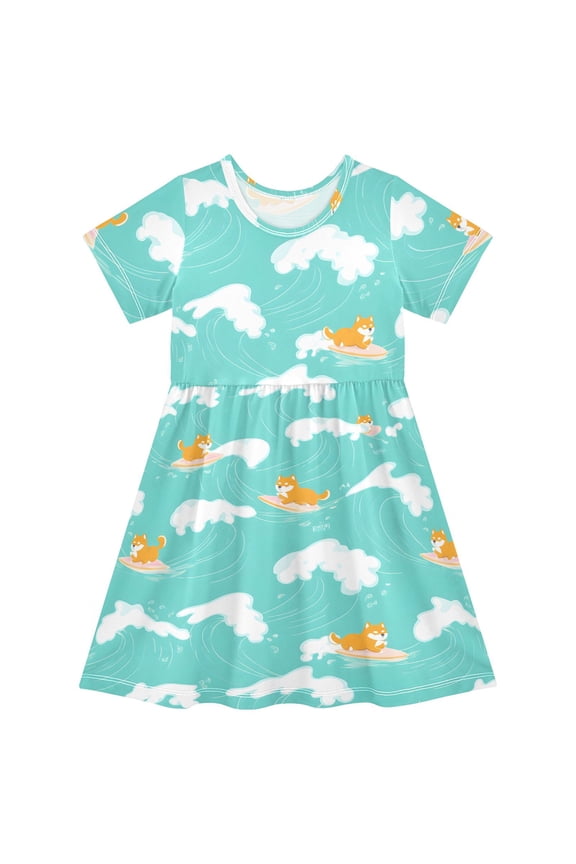 Pup on Surf Board Girls Short Sleeve Dress A Line Sun Protection Breathable Comfort Sundress 3T