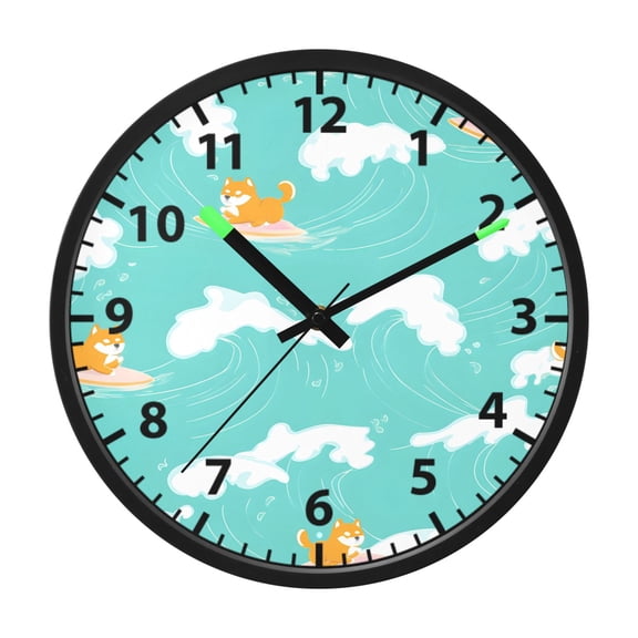Pup on Surf Board Wall Clock 12 Inch Voice Activated Night Light Silent Non Ticking
