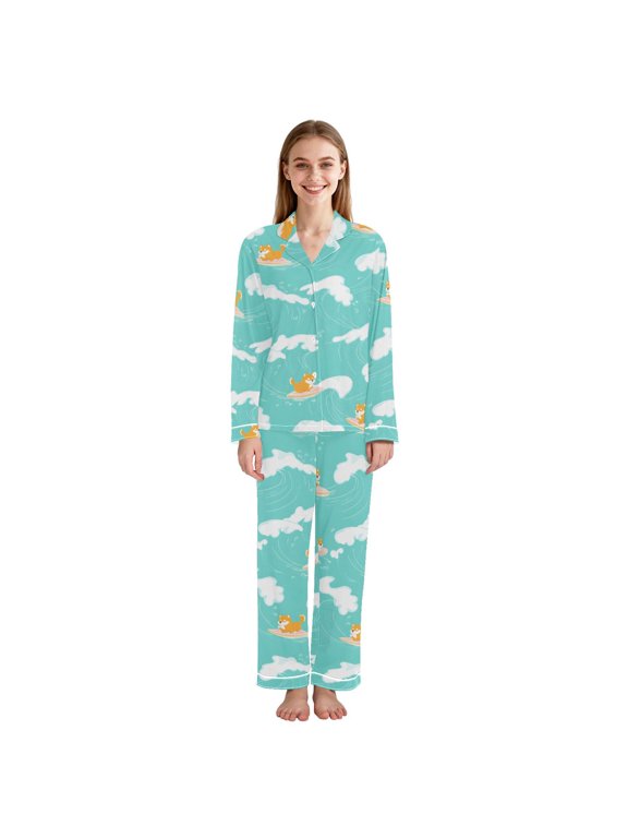 Pup on Surf Board Women Pajama Set Soft Notch Collar Button Down Long Sleeve Lounge Sleepwear Small