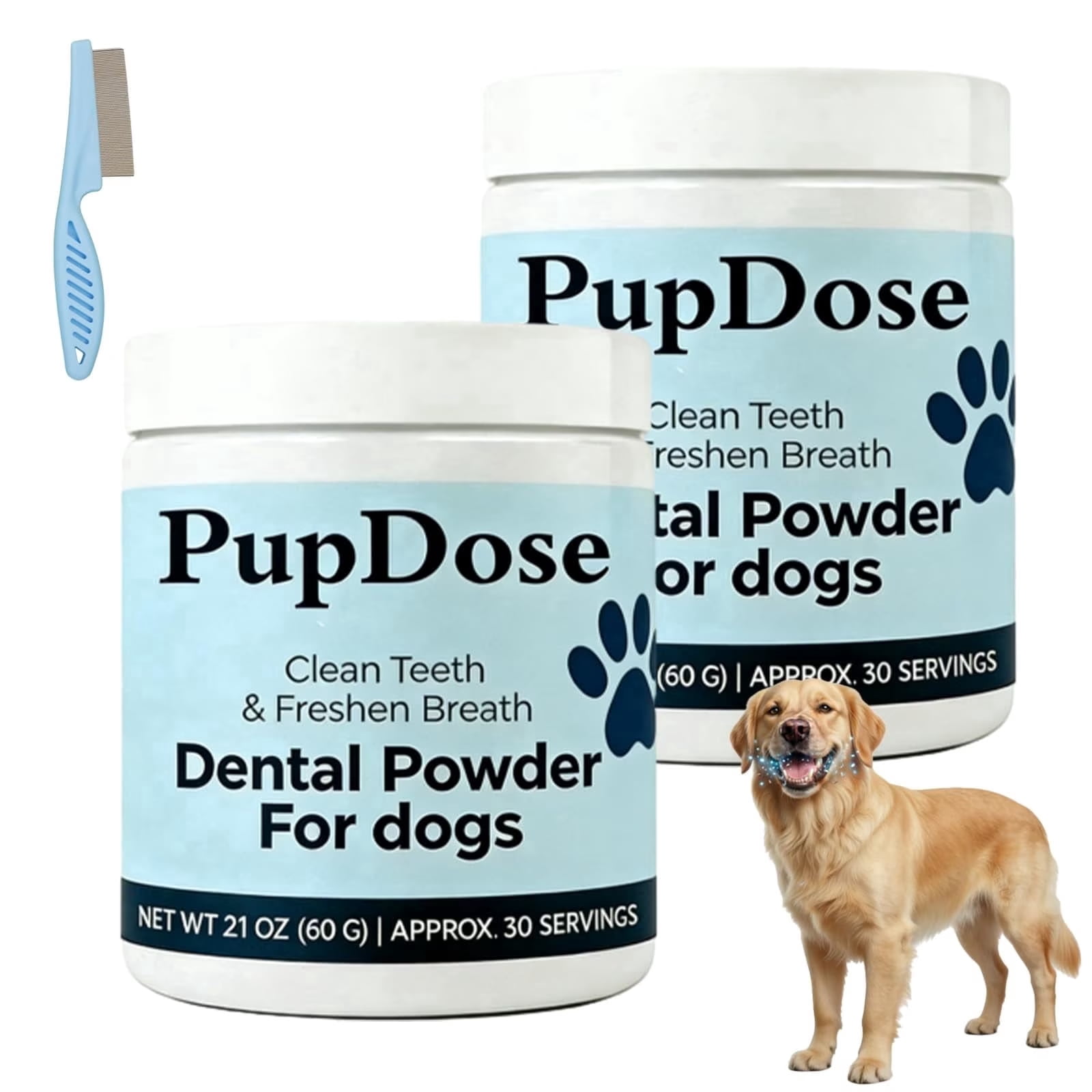 Dog Dental Powder, Teeth Cleaning & Tartar Removal Supplement, Fresh Breath Oral Care for Dogs, Gum Health Support, Easy Mix Food Additive for Small Medium Large Dogs (2PC)