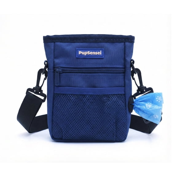 PupSensei Magnetic Dog Treat Pouch for Training - No-Spill Fabric Design, Quick One-Handed Access, Includes Adjustable Waist Strap and Built-in Poop Bag Dispenser - Navy Blue