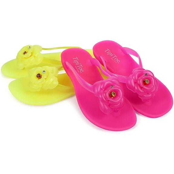 Pupeez Girl's Flower Jelly Thong Flip Flop Slide Summer Sandals Pack of 2 Pink/Lemon