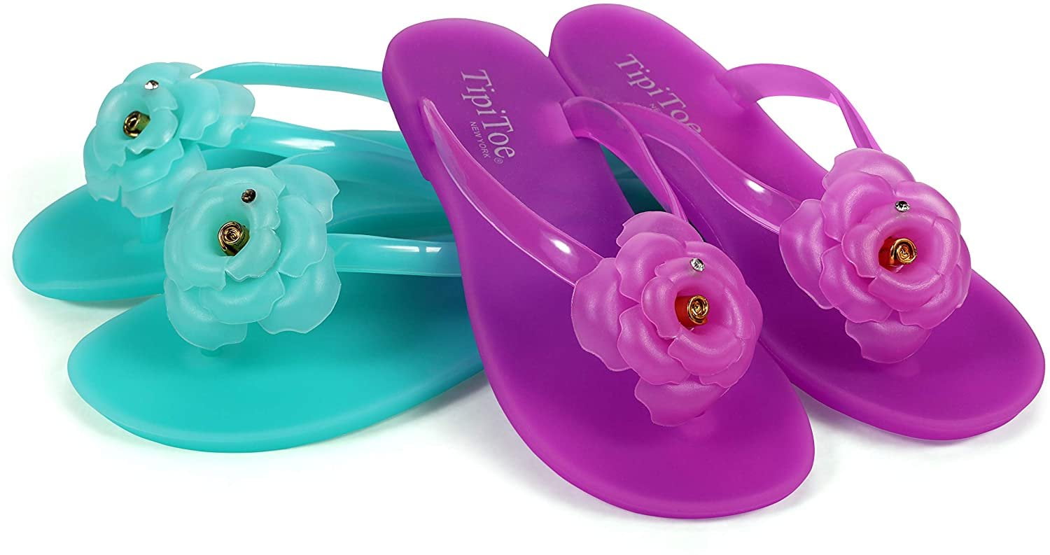Pupeez Girl's Flower Jelly Thong Flip Flop Slide Summer Sandals Pack of 2 Purple/Blu