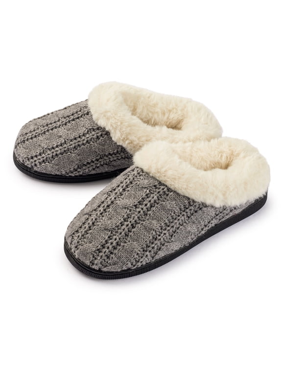 Girls Cable Knit Slippers Fleece Lined House Shoe Grey