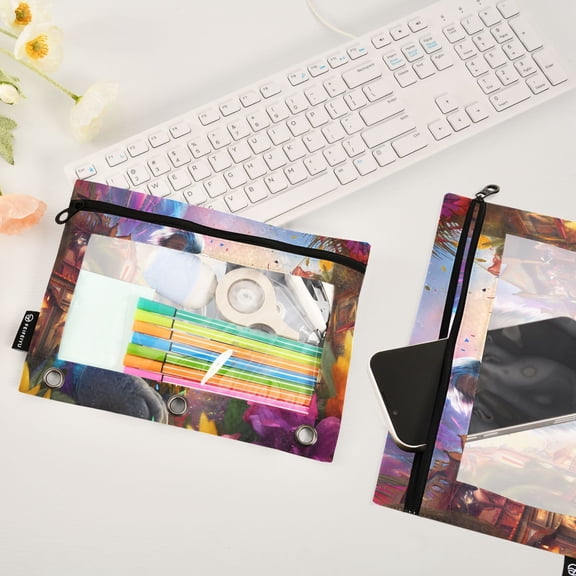 Puppet Bear Flowers Houses 2 Pack Pencil Pouches Zipper Pencil Case 3 Ring Pencil Pouch Cosmetic Bag