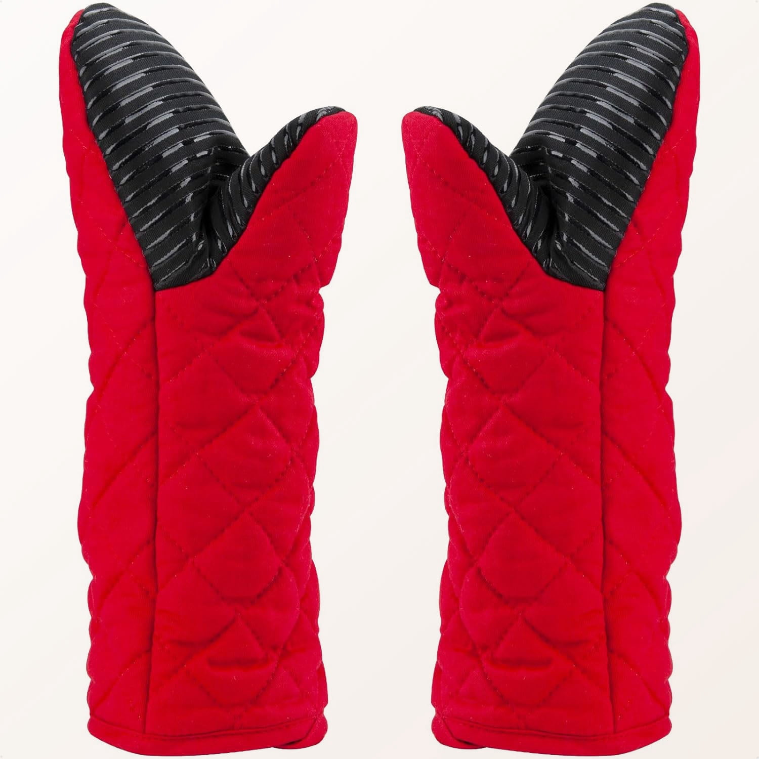 Puppet Oven Mitts Red Cotton Silicone Non-Slip Long Sleeve Arm Soft, Heat Resistant Hand Safe Microwave Kitchen Cooking Baking