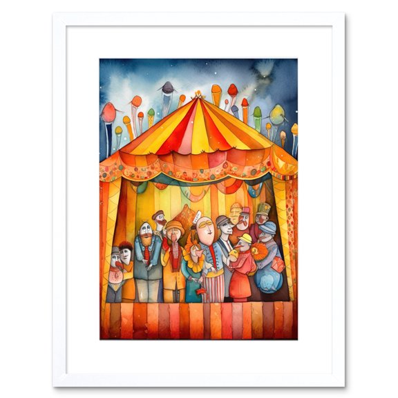 Puppet Theatre Stage End of Show Applause Modern Folk Art Watercolour Painting Artwork Framed Wall Art Print 9X7 Inch