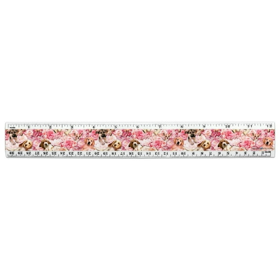 Puppies Dogs Pink Flowers Pattern 12 Inch Standard and Metric Plastic Ruler
