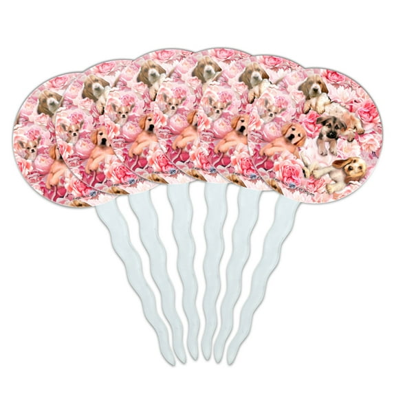 Puppies Dogs Pink Flowers Pattern Cupcake Picks Toppers Decoration Set of 6