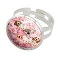 thumbnail image 1 of Puppies Dogs Pink Flowers Pattern Silver Plated Adjustable Novelty Ring, 1 of 4