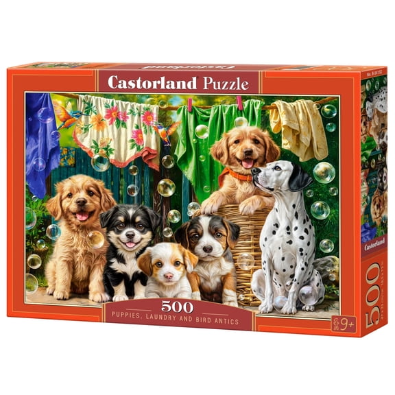 500 Piece Jigsaw Puzzle, Puppies, Laundry and Bird Antics, Puppies, Dogs, Golden Retriever, Dalmatian, Bubbles, Animal jigsaw, Adult Puzzle, Castorland B-54152