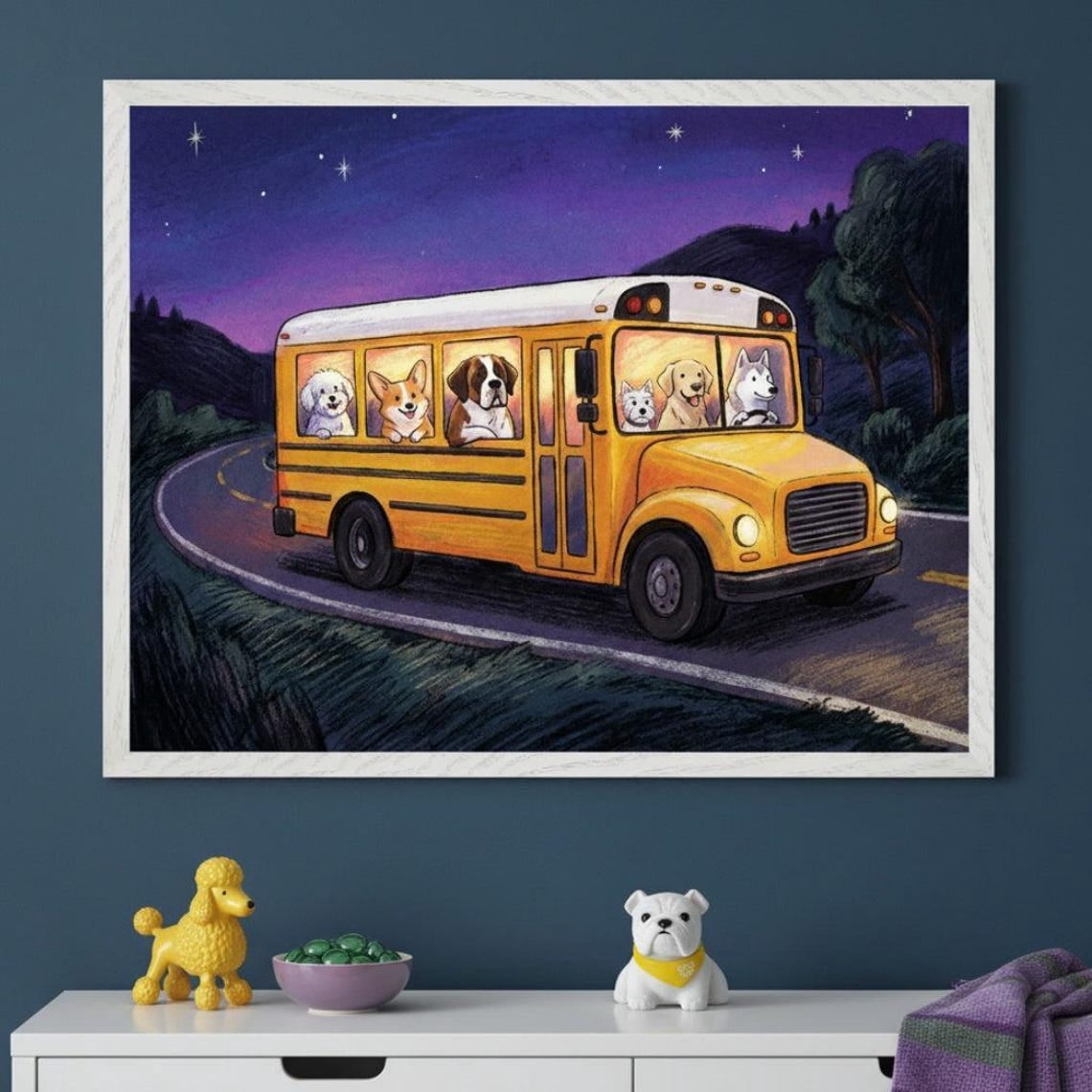Toy Riding Bus Puppies Riding Yellow School Bus Under Stars Wall Art, Whimsical Animal ...
