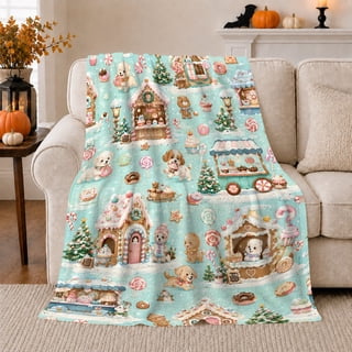 Puppies In Snowy Candy Village Print, Detailed Pastel Candy Village for Christmas Village Enthusiasts, Christmas Gift, Comfortable Flannel Blanket and Home Decor for Living Room and Bedroom