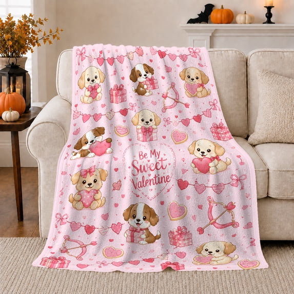 Puppies with Be My Sweet Valentine Quote, Playful Whimsical Style for Dog Lovers, Pink Heart Pattern and Valentine's Day Gift, Cozy Flannel Blanket for Bedroom and Playroom, Cute Home Decor