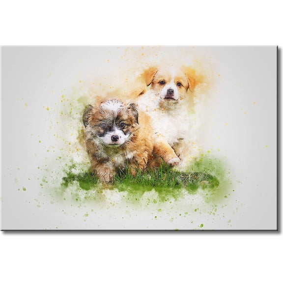 Puppies in Grass Picture on Stretched Canvas, Wall Art Décor, Ready to Hang