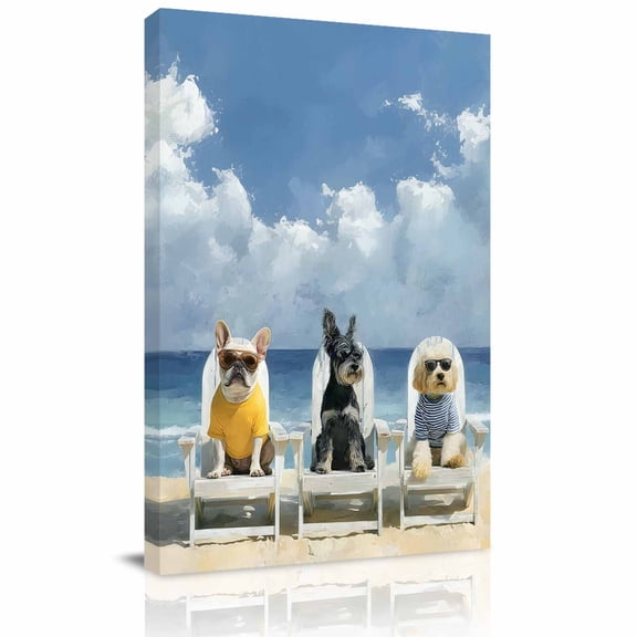 Puppy Beach Canvas Wall Art for Living Room, Watercolor Summer Dogs Sea Beach Sky Poster Print Painting for Bedroom Office Home Decoration Wall Pictures Prepare To Hang 16"x16"