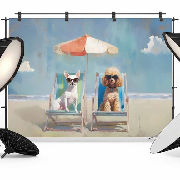 Puppy Beach Photography Backdrop 7x5FT, Watercolor Summer Umbrella Dogs Beach Sky Photo Backdrops, Background for Photography Studio Photo Studio Background, Back Drop for Photoshoot