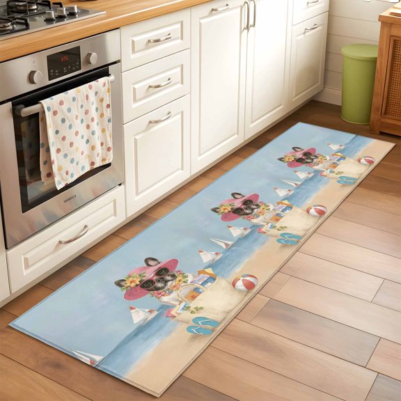 Puppy Beach Runner Rugs 2x6 ft Summer Watercolor Dog Bag Beach Ocean Sky Washable Hallway Rugs Non-Slip Floor Mats Absorbent Carpet Bedside Runners for Bedroom Kitchen Bathroom Laundry Room