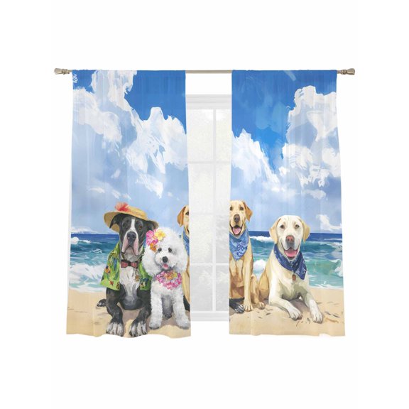 Puppy Beach Sheer Curtains 2 Panels Set Watercolor Summer Dogs Beach Sky Ocean Sheer Window Curtains Light Filtering Rod Pocket Voile Drapes for Bedroom Living Room 52"x63"