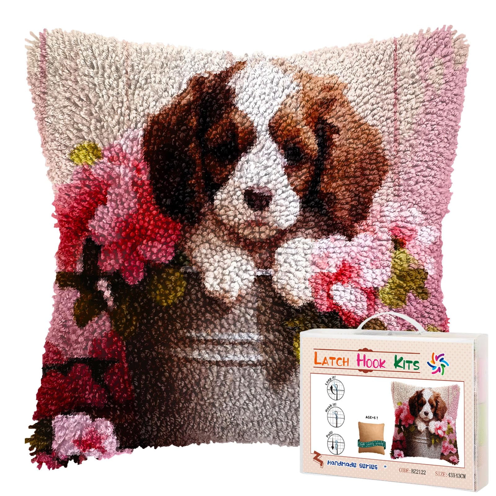 Puppy Bernese Mountain Dog in Bucket DIY Latch Hook Pillow Kits for Adults Printed Pillowcase Crochet Yarns Hooking Handmade Pillow Cover Cushion for Home Sofa Decoration 17x17inch