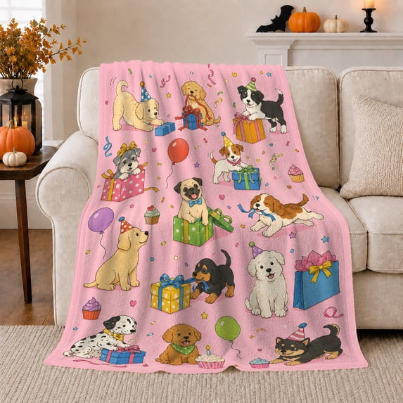 Cartoon Party Puppies Wearing Hats Among Colorful Presents And Pink Confetti, Cozy Flannel Blanket for Dog Lovers, Celebratory Cartoon Home Decor for Bedroom and Living Room, Birthday Gift